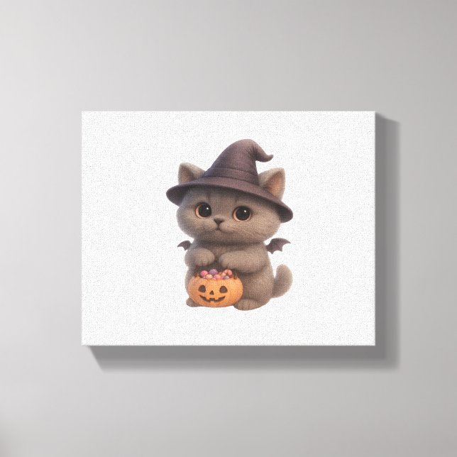 Adorable Kitten in Halloween Witch Costume with Pu Canvas Print (Front)