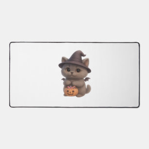 Adorable Kitten in Halloween Witch Costume with Pu Desk Mat