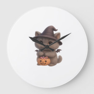 Adorable Kitten in Halloween Witch Costume with Pu Large Clock