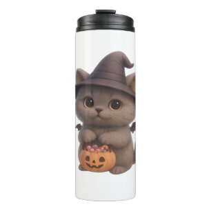 Adorable Kitten in Halloween Witch Costume with Pu Thermal Tumbler