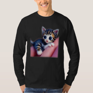 Adorable Kitten In Microscopic Scale Held By Human T-Shirt