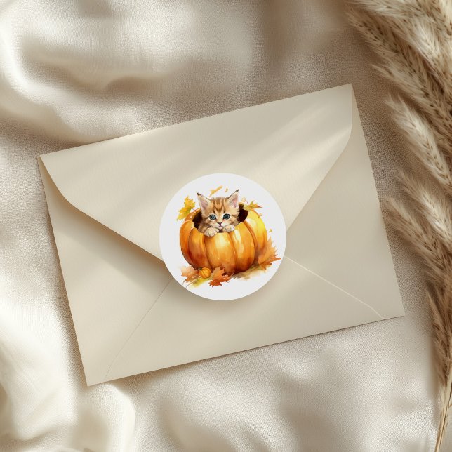 Adorable Kitten in Pumpkin Classic Round Sticker (Adorable Kitten in Pumpkin Classic Round Sticker on an envelope)