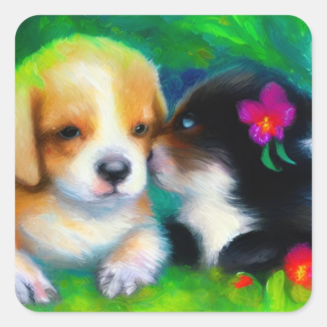Adorable Kitten Kissing Puppy Impressionist Art Square Sticker (Front)