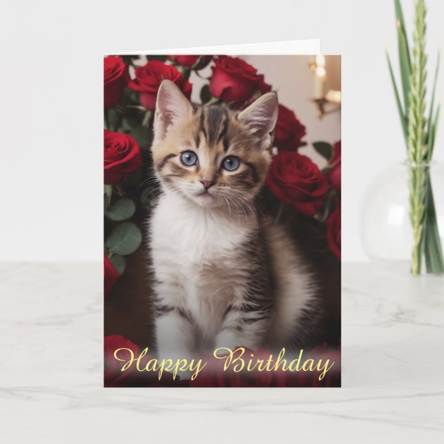 Adorable Kitten Nestled in Beautifull Red Roses Card (Front)