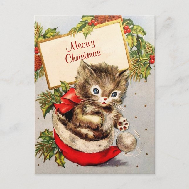 Adorable Kitten Sitting Santa Hat Meowy Christmas Postcard (Front)