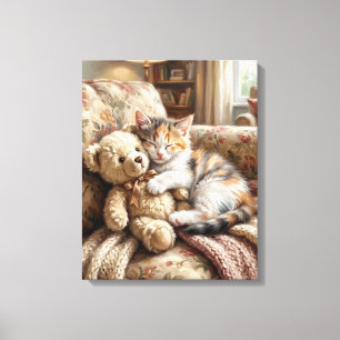 Adorable Kitten Sleeping with Teddy Bear Canvas Print