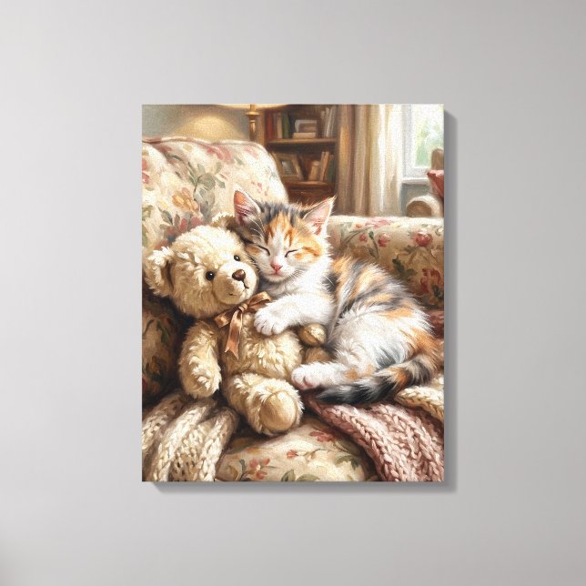 Adorable Kitten Sleeping with Teddy Bear Canvas Print (Front)
