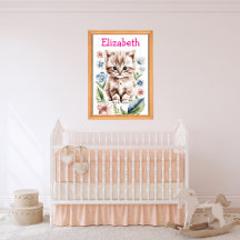 Adorable Kitten & Spring Flowers Nursery Wall Art