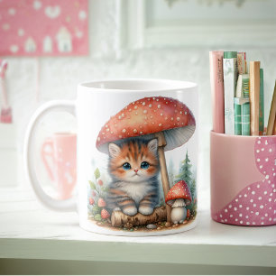 Adorable Kitten Under Mushroom Umbrella Coffee Mug