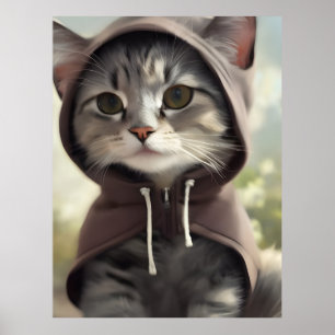 Adorable Kitten Wearing a Hoodie Poster