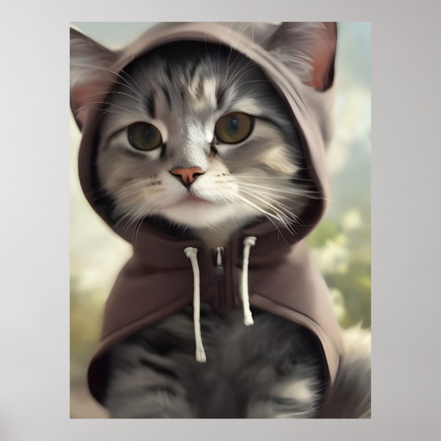 Adorable Kitten Wearing a Hoodie Poster (Front)