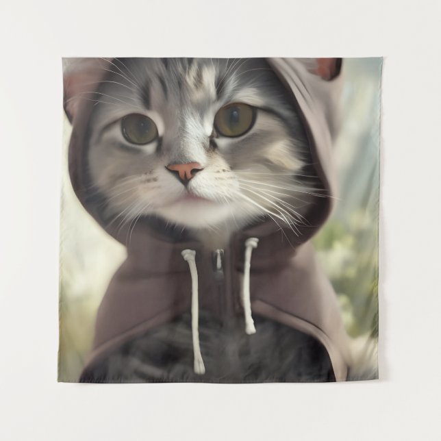 Adorable Kitten Wearing a Hoodie Tapestry (Front)