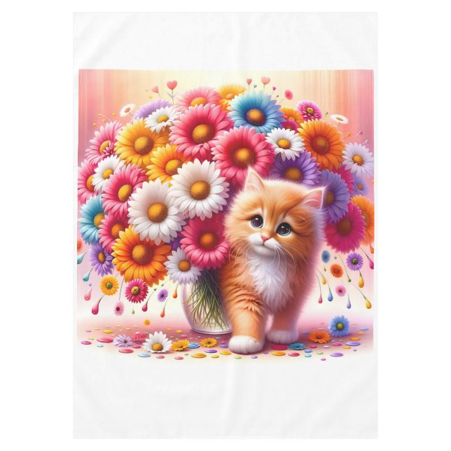Adorable Kitten with Colourful Flower Bouquet Tablecloth (Front)