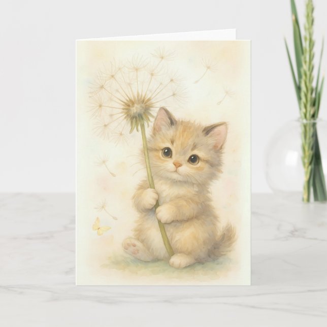 Adorable Kitten with Dandelion and Butterfly Blank Card (Front)