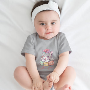 Adorable Kitten with Green Yellow Pink Macaroons Baby Bodysuit