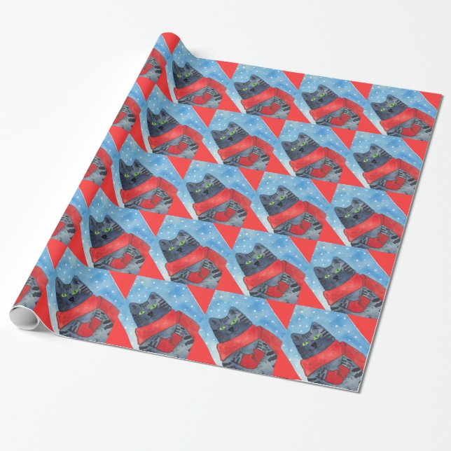 Adorable Kitten with Mittens Christmas paper (Unrolled)