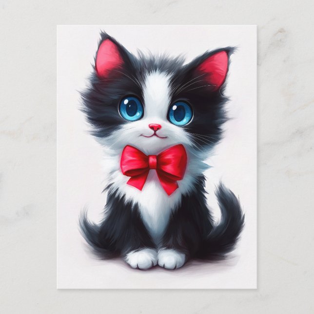 Adorable Kitten with Red Ribbon Holiday Postcard (Front)