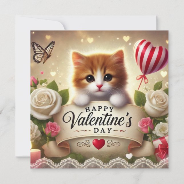 Adorable Kitten with Roses, Candles, and Hearts Holiday Card (Front)