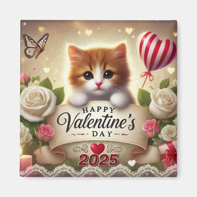 Adorable Kitten with Roses, Candles, and Hearts Magnet (Front)