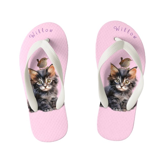 Adorable Kitten with Wren Bird  Kid's Jandals (Footbed)