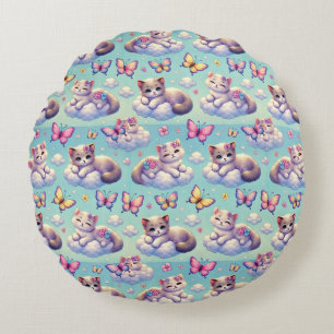 Adorable Kittens and Butterflies Round Cushion