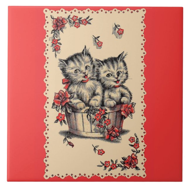 adorable kittens in a flower basket tile (Front)