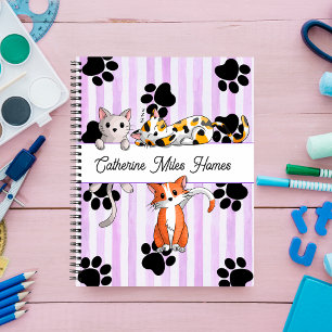Adorable Kittens & paws, purple stripes spiral Notebook