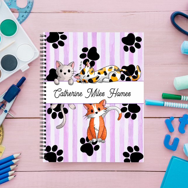 Adorable Kittens & paws, purple stripes spiral Notebook (Creator Uploaded)