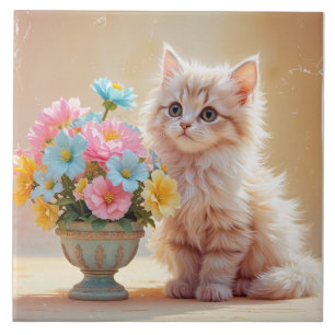 Adorable Kitty with Bouquet of Flowers Tile