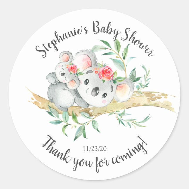 Adorable Koala Bear Girls Baby Shower Favour Classic Round Sticker (Front)