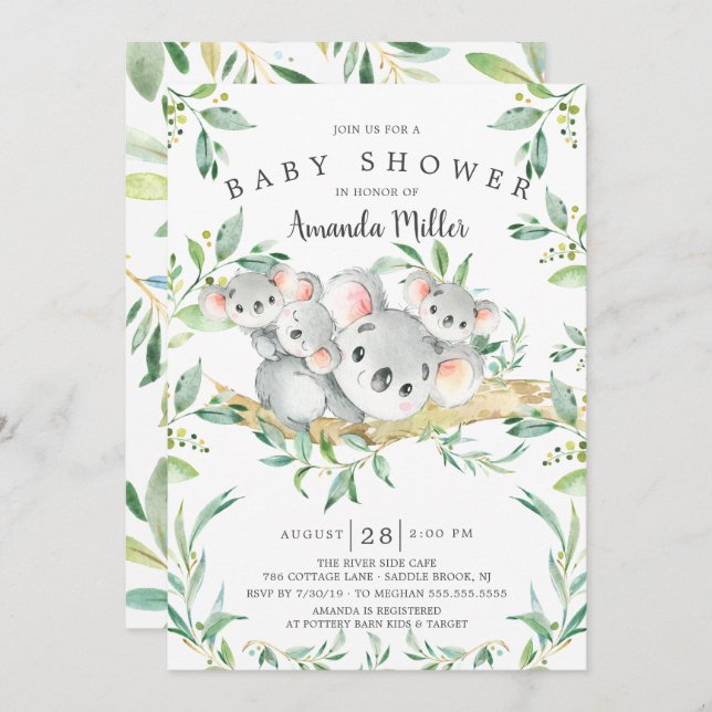 Adorable Koala BearTriplets Baby Shower Invitation (Front/Back)