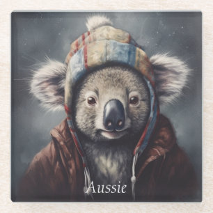 Adorable koala wearing cute hat cusomizable  glass coaster