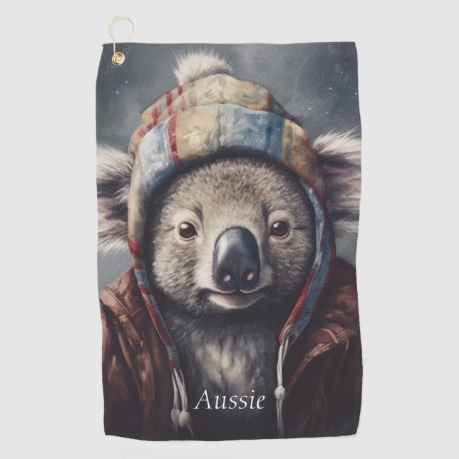 Adorable koala wearing cute hat cusomizable  golf towel (Front)