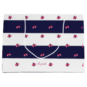 Adorable Ladybird Navy Blue Stripes Large Gift Bag