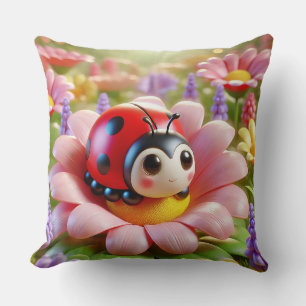 🐞🌸 Adorable Ladybug Pink Flower Garden Cosy Cushion
