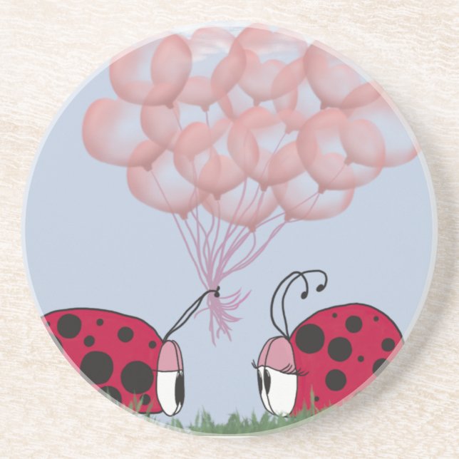 Adorable Ladybug With Pretty Pink Balloon Bouquet Coaster (Front)