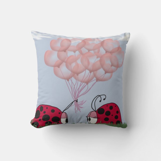 Adorable Ladybug With Pretty Pink Balloon Bouquet Cushion (Front)
