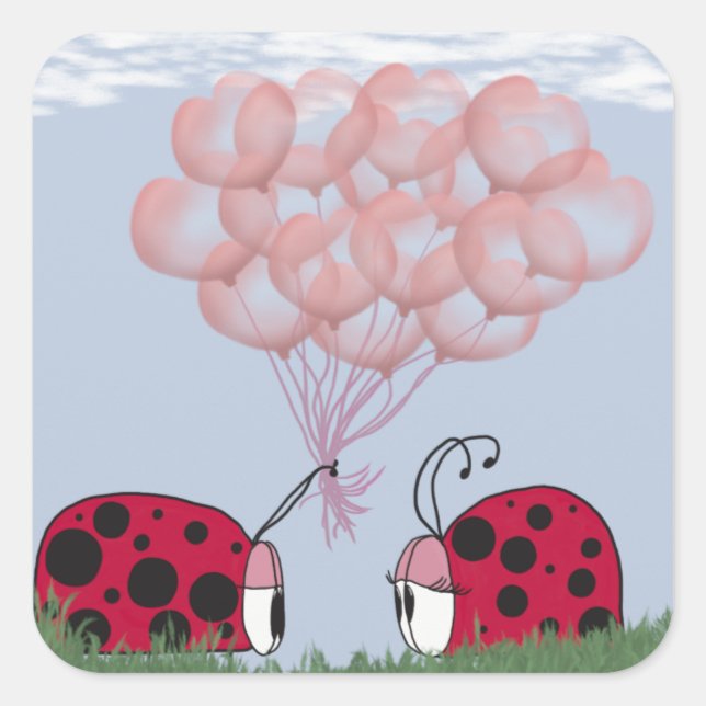 Adorable Ladybug With Pretty Pink Balloon Bouquet Square Sticker (Front)