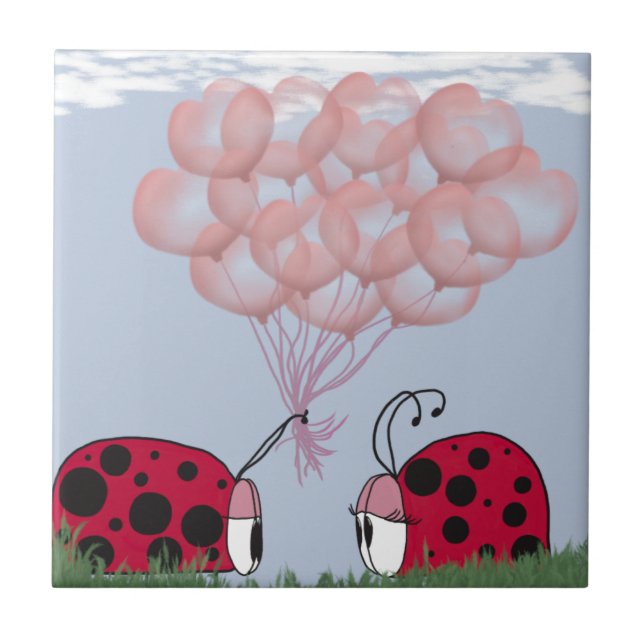 Adorable Ladybug With Pretty Pink Balloon Bouquet Tile (Front)