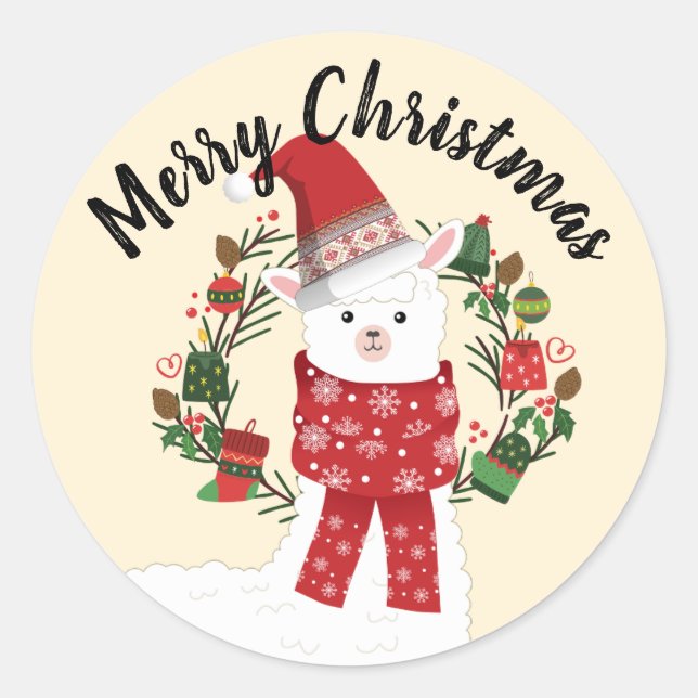 Adorable Lama with Christmas Wreath Classic Round Sticker (Front)