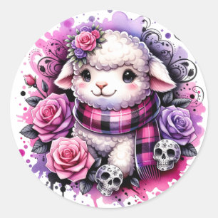 Adorable Lamb Sticker with Skulls and Roses