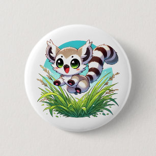 Adorable lemur leaping through tall grass 6 cm round badge