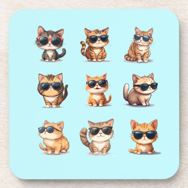 Adorable Light Blue With Cats wearing Sunglasses Coaster (Front)