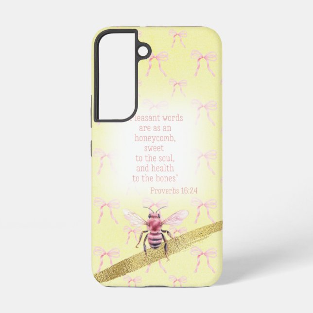 .Adorable Light Yellow Pink Bow Scripture Pink Bee Samsung Galaxy S22 Case (Back)
