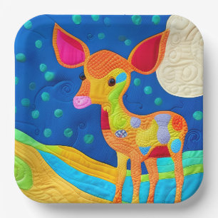 Adorable Little Baby Deer - Quilt-Like Design Paper Plate