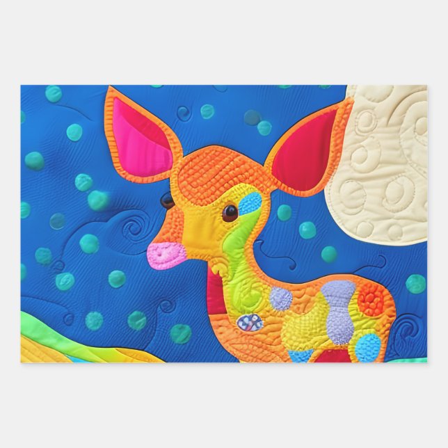 Adorable Little Baby Deer - Quilt-Like Design Wrapping Paper Sheet (Front)