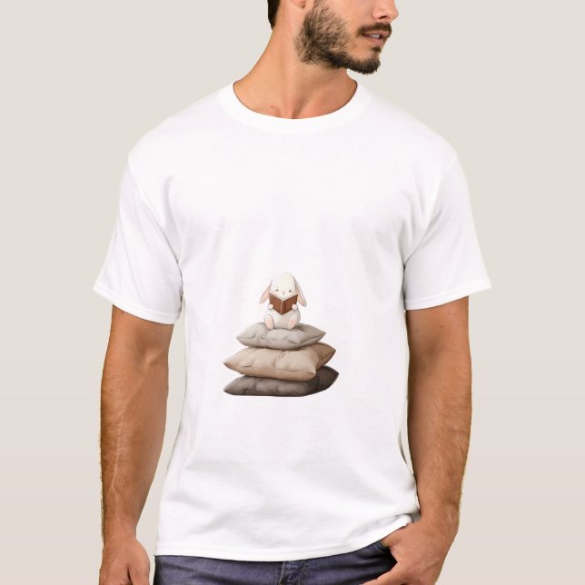 Adorable Little Bunny Reading on a Stack of Pillow T-Shirt (Front)