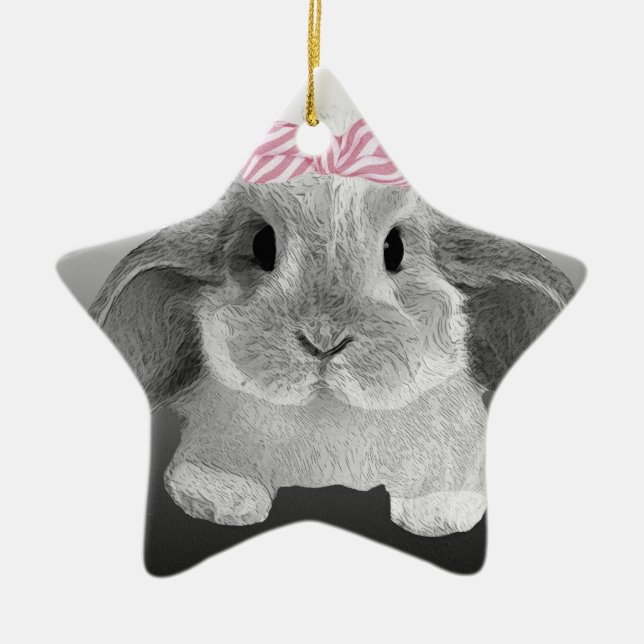 Adorable little bunny with a pink bow ceramic tree decoration (Front)