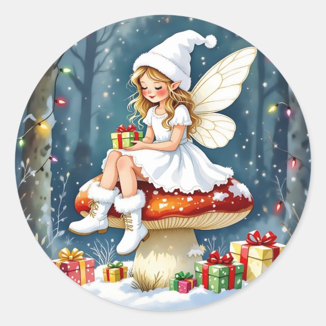 Adorable Little Christmas Fairy on Mushroom Classic Round Sticker (Front)