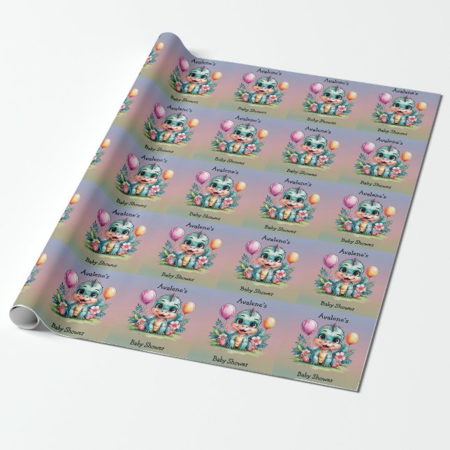 Adorable Little Dinosaur Baby Shower Wrapping Paper (Unrolled)